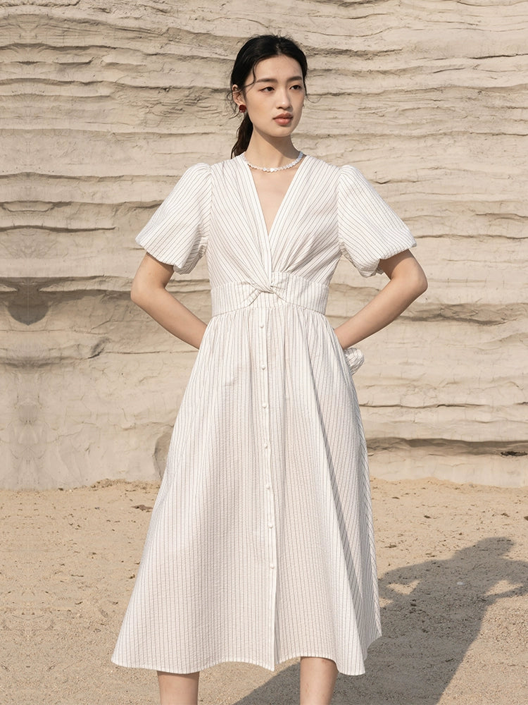 CAREMIND 23SS [Mia] Vestido camisero de mujer con escote en V y rayas, original 