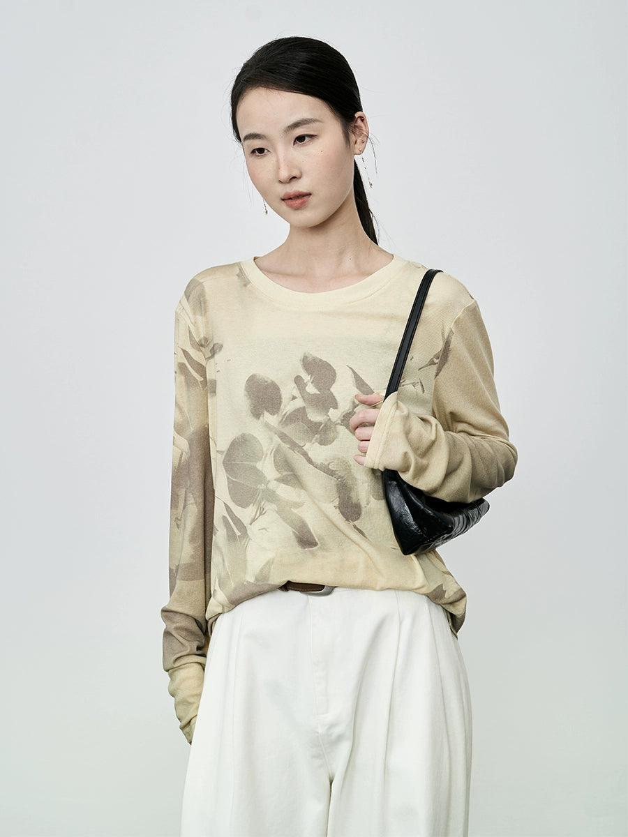 CAREMIND2024 nueva camiseta de manga larga con pintura de tinta de albaricoque amarillo de otoño, top de malla manchado 