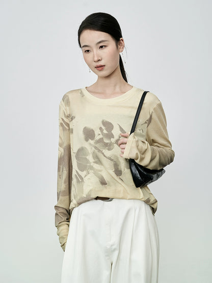 CAREMIND2024 nueva camiseta de manga larga con pintura de tinta de albaricoque amarillo de otoño, top de malla manchado 