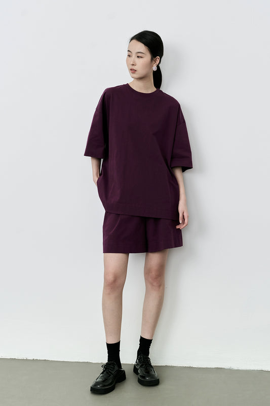 Conjunto de dos piezas de camiseta de algodón ajustada informal de verano con pantalón de cinco puntos y color morado ahumado de CAREMIND 