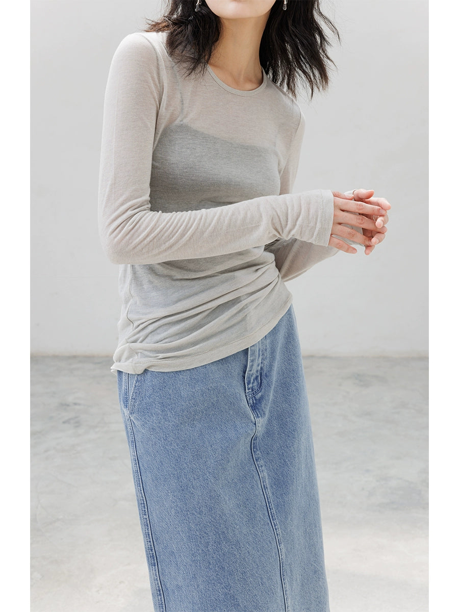 [Oferta especial por tiempo limitado] Camisa de punto de lana Tencel, top de manga larga con cuello redondo, acaparamiento y apilamiento ligeros, artefacto para mujer 