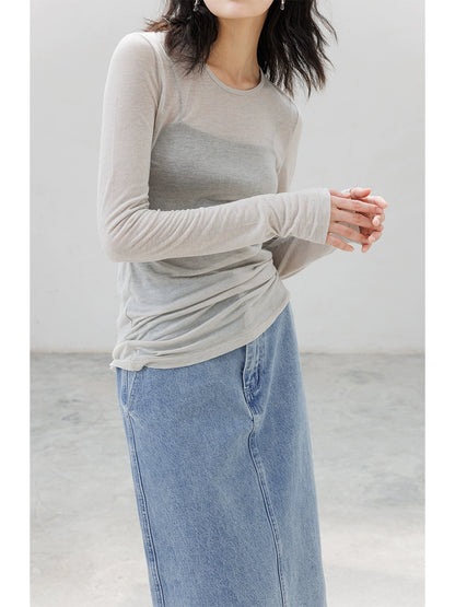 [Oferta especial por tiempo limitado] Camisa de punto de lana Tencel, top de manga larga con cuello redondo, acaparamiento y apilamiento ligeros, artefacto para mujer 