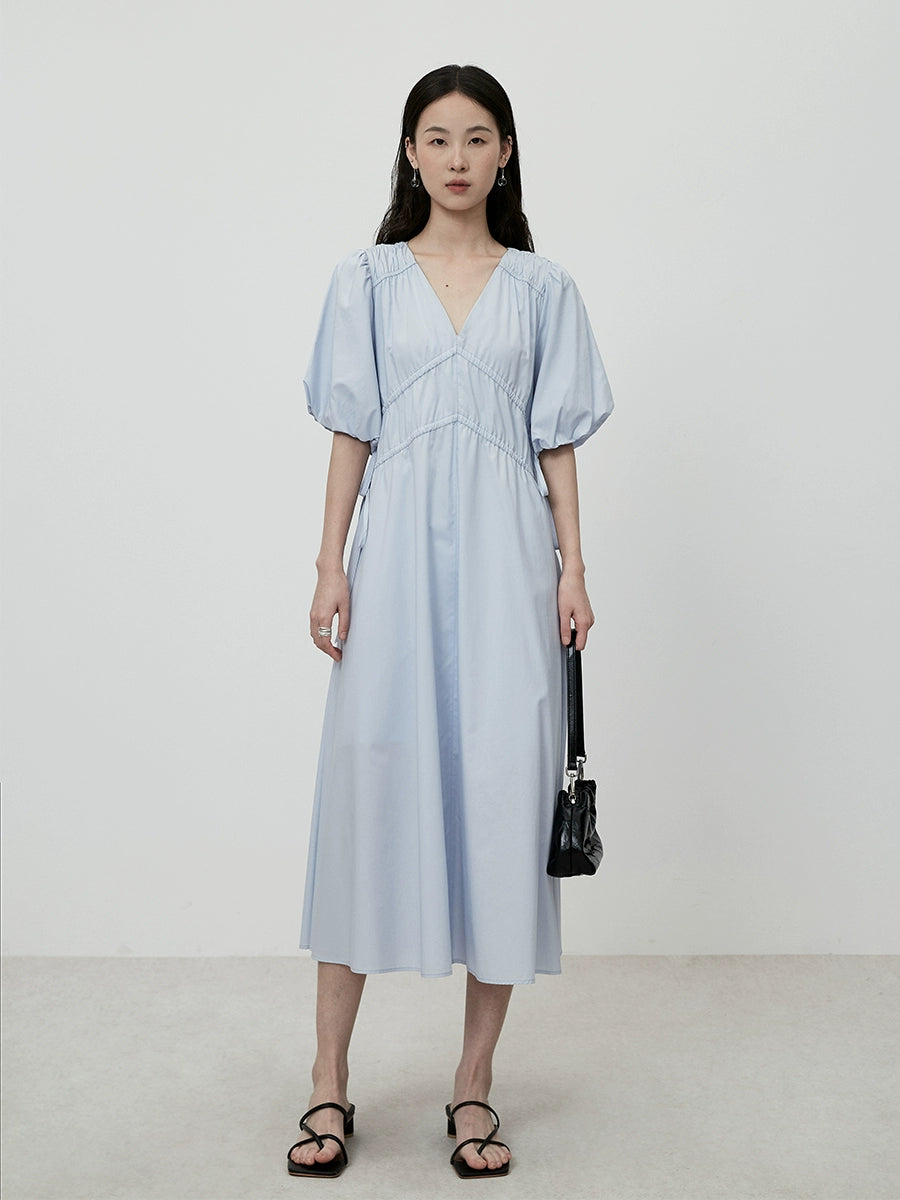 CAREMIND Vestido azul claro ajustado con escote en V francés, elegante falda con pliegues en la cintura y palabra de honor para niños 