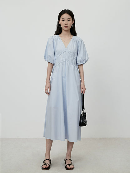 CAREMIND Vestido azul claro ajustado con escote en V francés, elegante falda con pliegues en la cintura y palabra de honor para niños 