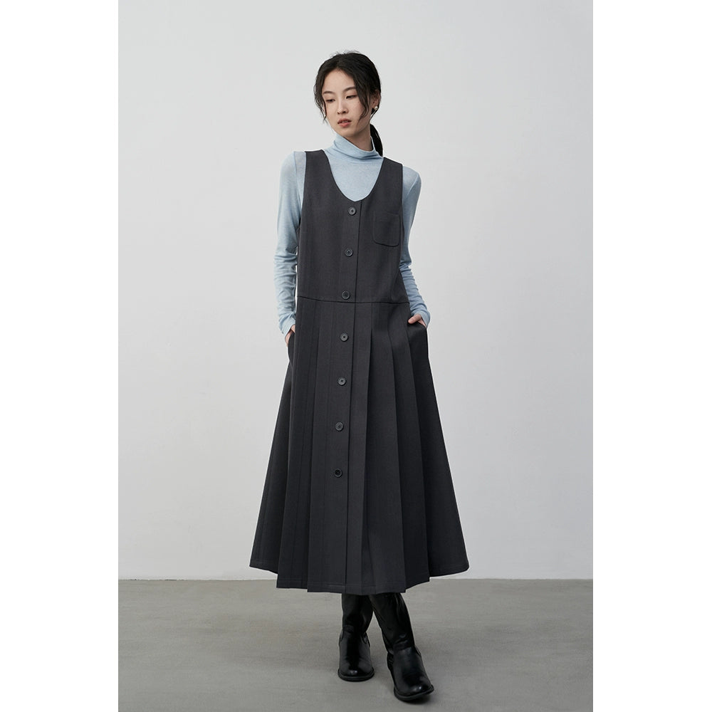 [Oferta especial por tiempo limitado] Vestido plisado con diseño de chaleco apilado versátil y falda larga con cuello en U sin mangas 