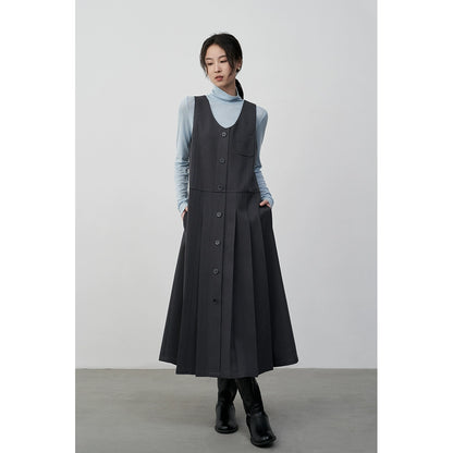 [Oferta especial por tiempo limitado] Vestido plisado con diseño de chaleco apilado versátil y falda larga con cuello en U sin mangas 
