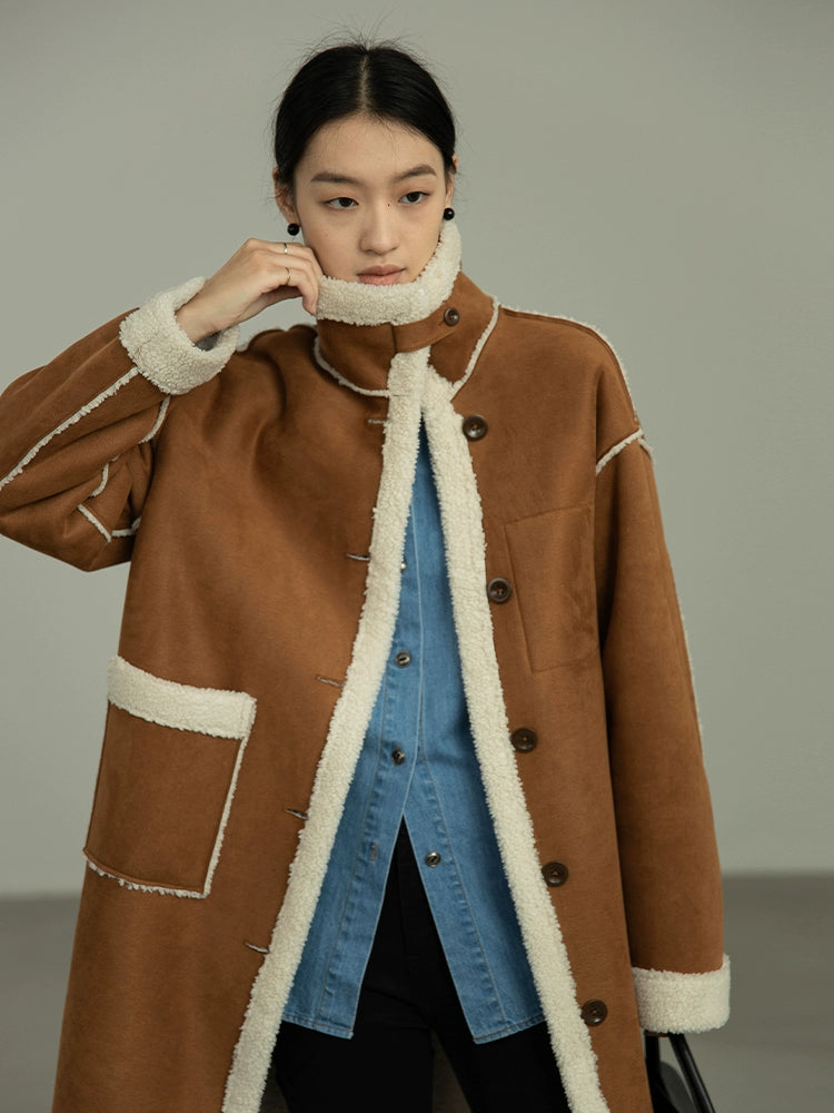 [Oferta especial por tiempo limitado] La nueva lana de cordero para viajeros lleva un abrigo de solapa en ambos lados y el diseño original del abrigo mediano y largo para mujer. 