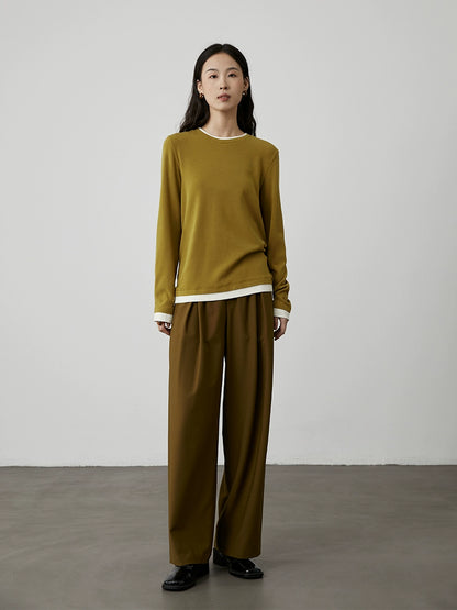 [Otoño significativo] CAREMIND Camiseta de manga larga con dos botones en contraste de color amarillo mostaza para mujer Camisa ajustada con dobladillo 