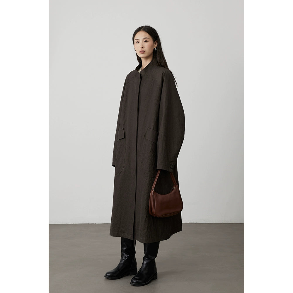[Urban Shepherd Tour] CAREMIND Chic Denim Green Collarless Windbreaker Jacket Medium and Long Temperament Coat