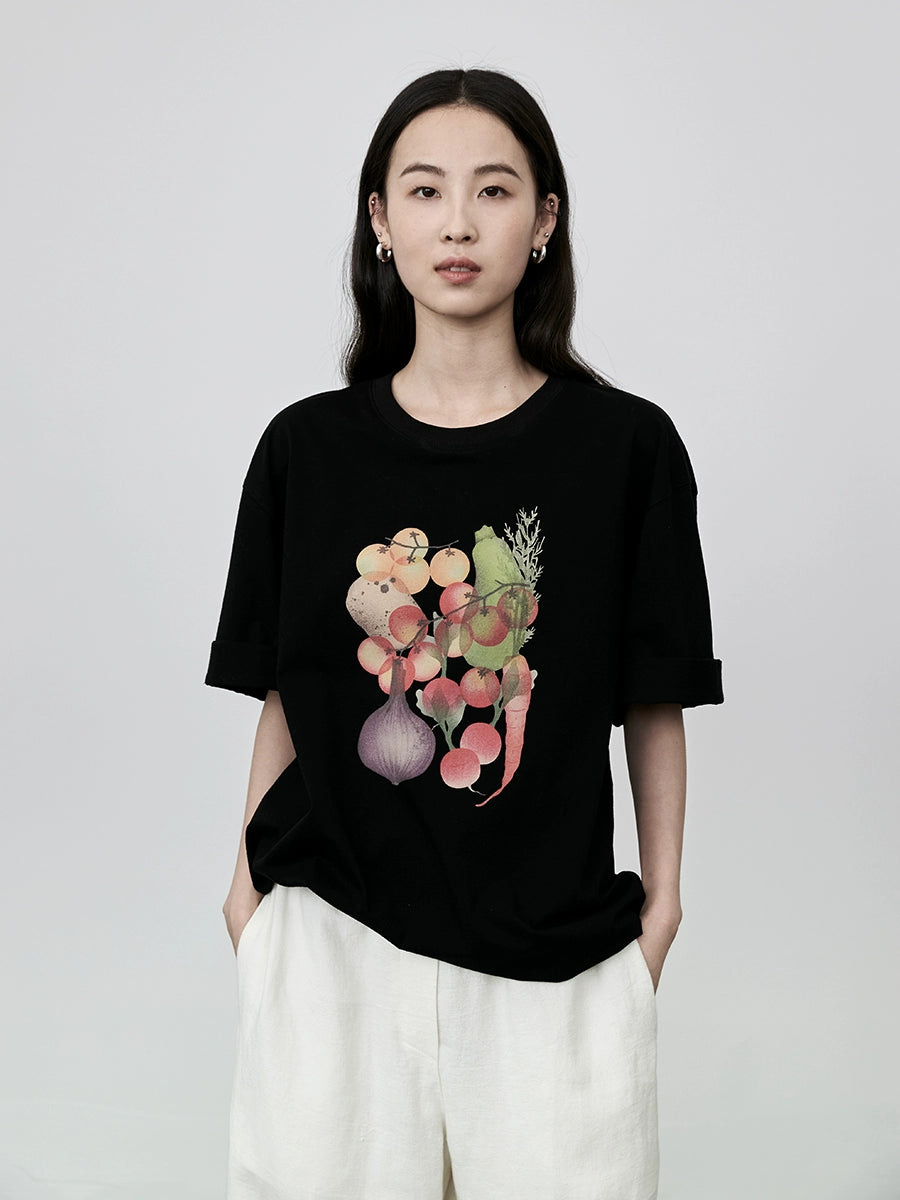 CAREMIND Camiseta con estampado divertido de frutas y verduras de estilo japonés, sencilla, literaria y fresca, de algodón, de manga corta 