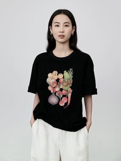 CAREMIND Camiseta con estampado divertido de frutas y verduras de estilo japonés, sencilla, literaria y fresca, de algodón, de manga corta 