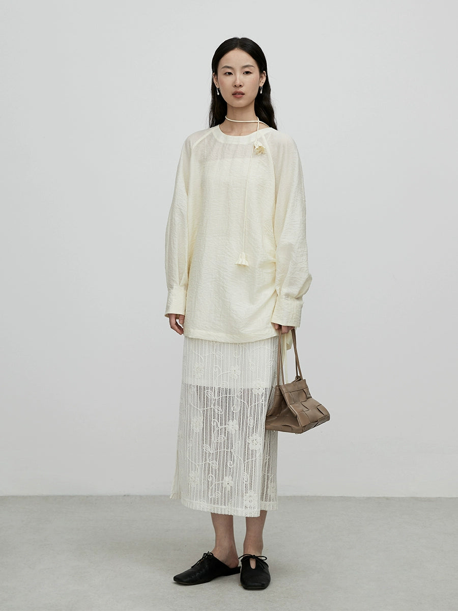 [Falda de flores] Falda de temperamento intelectual CAREMIND, diseño de patrón de industria pesada con bordado de encaje, falda mediana y larga 