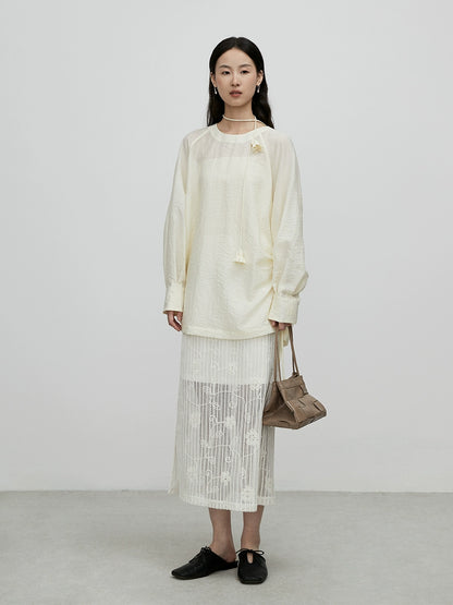 [Falda de flores] Falda de temperamento intelectual CAREMIND, diseño de patrón de industria pesada con bordado de encaje, falda mediana y larga 