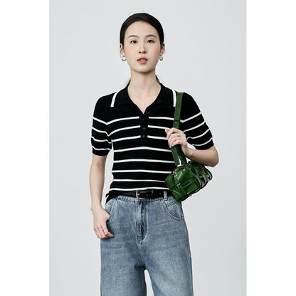 Camiseta tipo polo de rayas retro a juego de colores de CAREMIND, camiseta de manga corta de punto pequeña y ajustada para mujer 