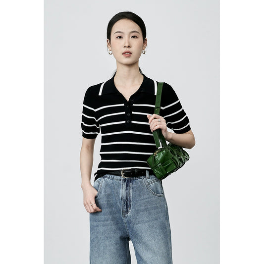 Camiseta tipo polo de rayas retro a juego de colores de CAREMIND, camiseta de manga corta de punto pequeña y ajustada para mujer 