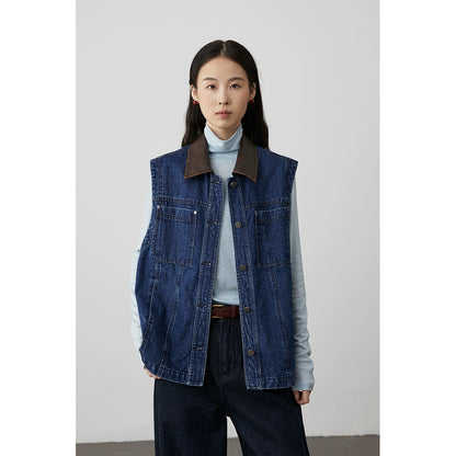 [Road denim] CAREMIND fashionable retro dark blue denim vest contrasting color splicing sleeveless vest jacket