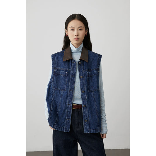 [Road denim] CAREMIND fashionable retro dark blue denim vest contrasting color splicing sleeveless vest jacket