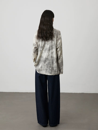 [Notas flotantes] Camiseta de manga larga con cuello redondo y manchas irregulares holgadas de CAREMIND, parte inferior gris y blanca para mujer 