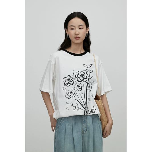 [Wanton growth] CAREMIND summer American loose short-sleeved top chic hand-painted rose crew neck T-shirt