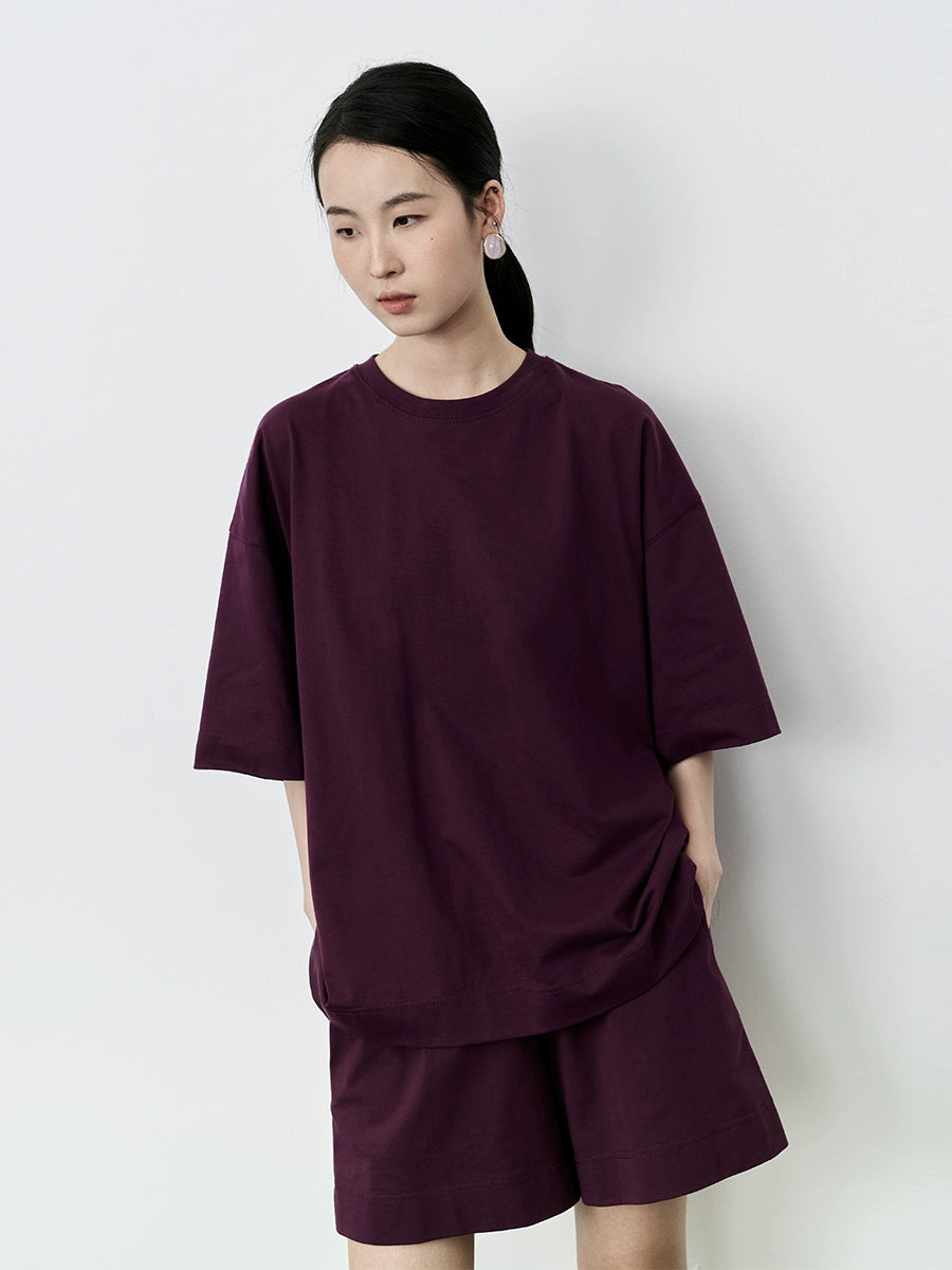 Conjunto de dos piezas de camiseta de algodón ajustada informal de verano con pantalón de cinco puntos y color morado ahumado de CAREMIND 