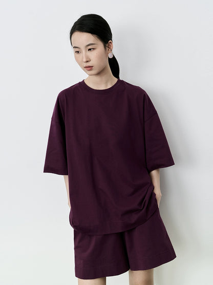 Conjunto de dos piezas de camiseta de algodón ajustada informal de verano con pantalón de cinco puntos y color morado ahumado de CAREMIND 