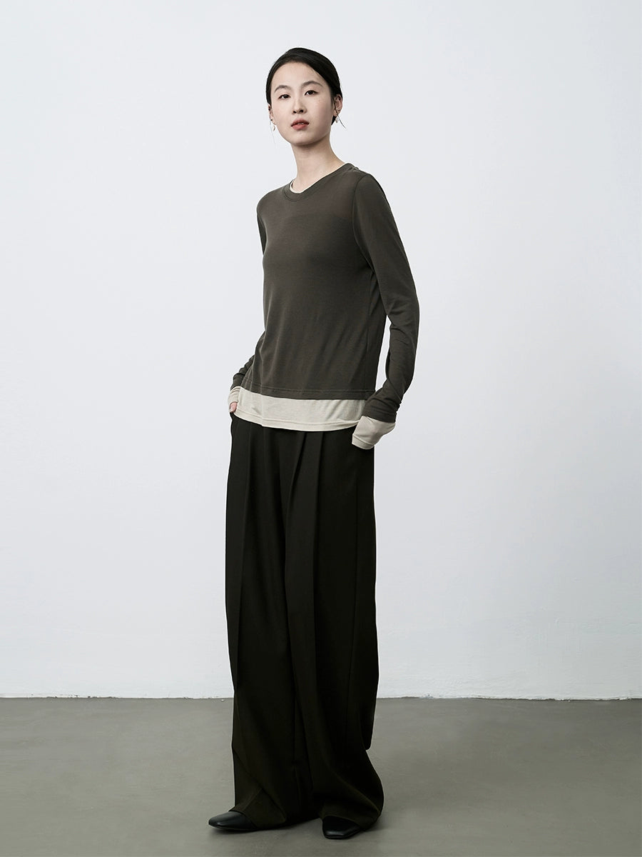 Camiseta de manga larga de lujo ligera Lenzing Tencel de CAREMIND, agradable para la piel, cuello redondo, versátil, color a juego, top de moda 