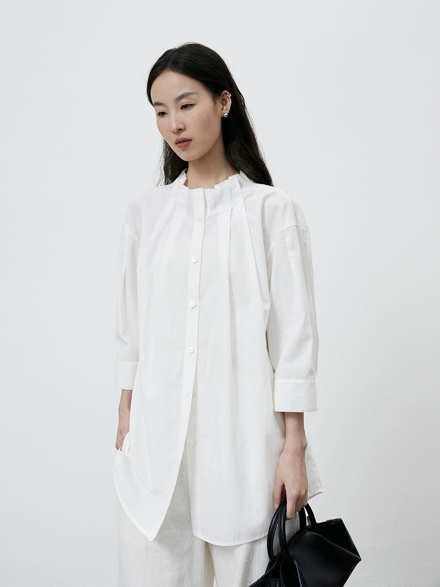 [Camisa de órgano] Camisa holgada elegante blanca CAREMIND, camisa de manga cinco cuartos de largo y ancho medio con cinturón 