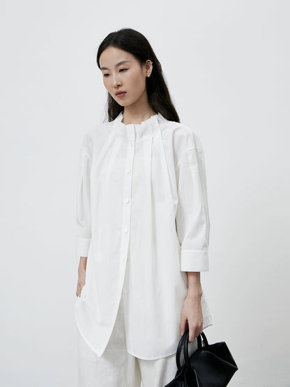 [Camisa de órgano] Camisa holgada elegante blanca CAREMIND, camisa de manga cinco cuartos de largo y ancho medio con cinturón 