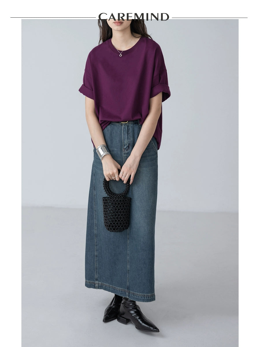 [Oferta especial por tiempo limitado] Diseño nuevo de verano simple ahumado morado cuello redondo suelto perezoso camiseta de manga corta traje de mujer 