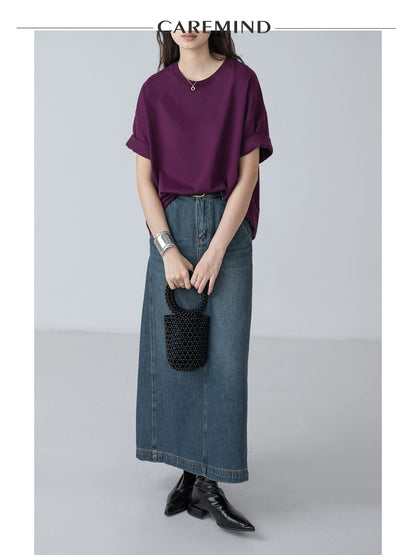 [Oferta especial por tiempo limitado] Diseño nuevo de verano simple ahumado morado cuello redondo suelto perezoso camiseta de manga corta traje de mujer 