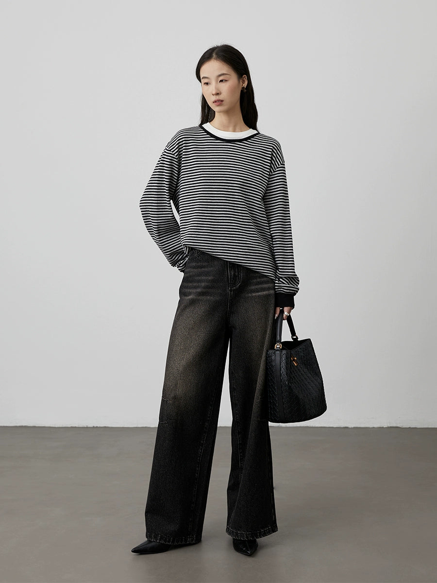 [Tiger Eye Black Denim] CAREMIND Black Coffee Retro Washed Straight Pants Women's 2024 Winter Loose Wide Leg Pants