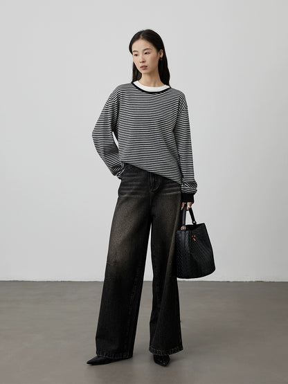 [Tiger Eye Black Denim] CAREMIND Black Coffee Retro Washed Straight Pants Women's 2024 Winter Loose Wide Leg Pants