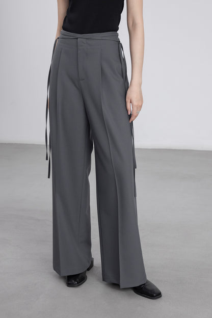 [Oferta por tiempo limitado] Pantalones de traje gris CAREMIND, diseño de mujer, cintura con tiras, pantalones de pierna ancha 