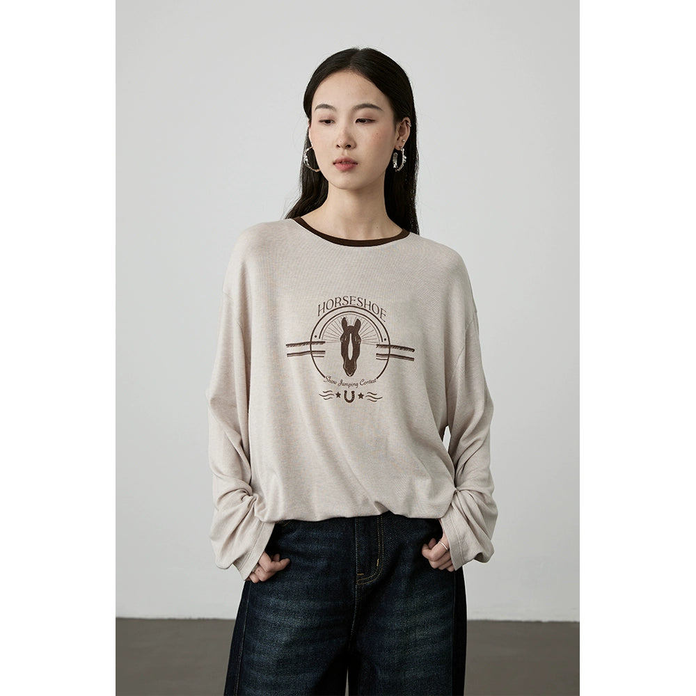 [Camiseta ecuestre] Camiseta con estampado de avena CAREMIND agradable para la piel, holgada, con cuello redondo y manga larga en color contrastante 