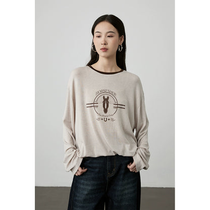 [Camiseta ecuestre] Camiseta con estampado de avena CAREMIND agradable para la piel, holgada, con cuello redondo y manga larga en color contrastante 