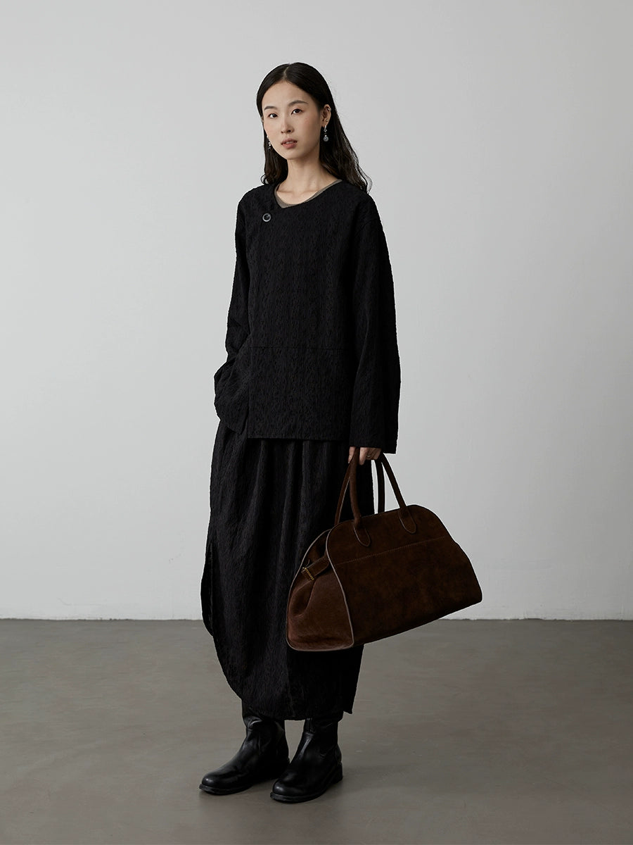 Nueva camisa de manga larga con textura negra china de CAREMIND Otoño 2024 Nueva chaqueta de cuello redondo de nicho 