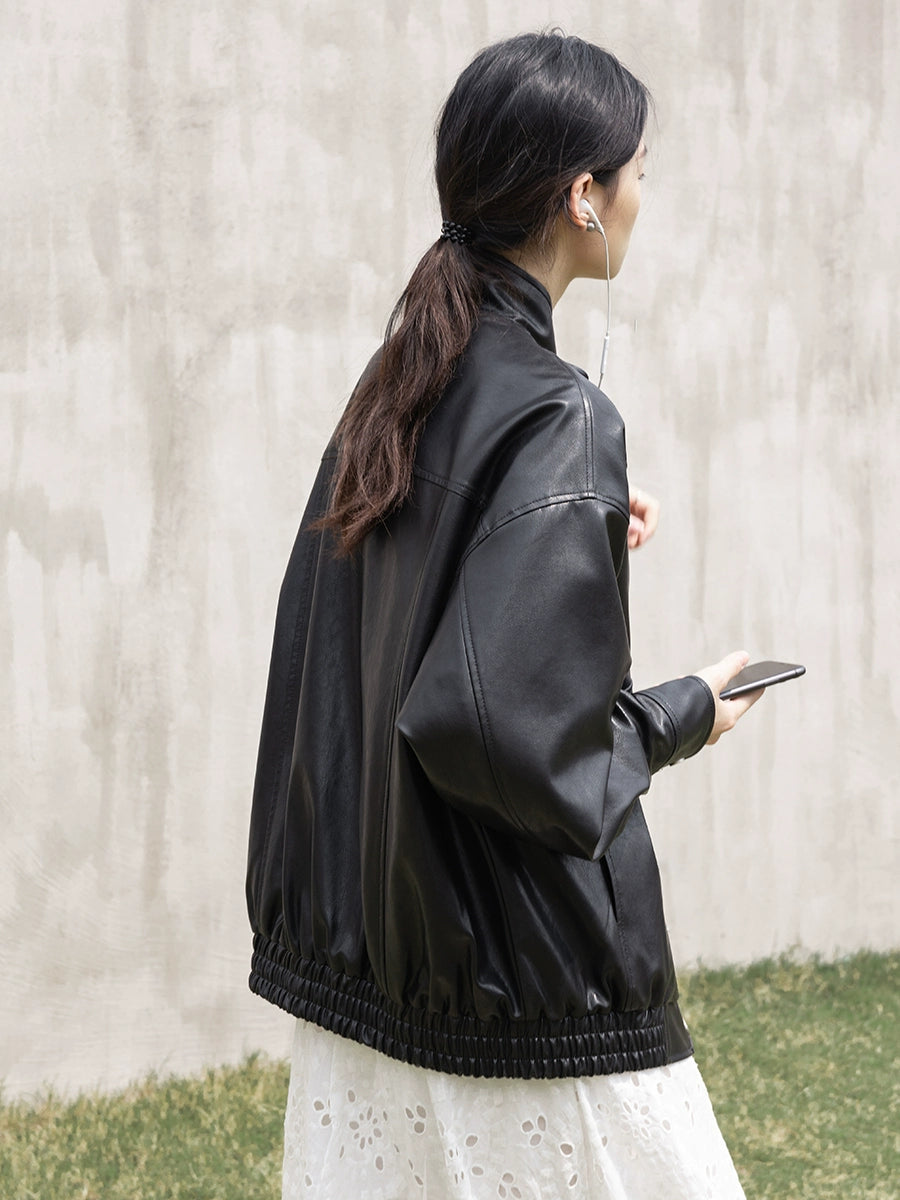 [Oferta especial por tiempo limitado] Chaqueta de cuero PU CAREMIND para mujer, chaqueta corta con cuello alto retro negra original de otoño