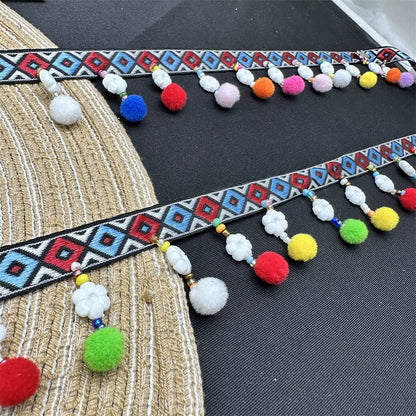 3718 Exquisita cortina de cuentas colgantes de estilo étnico con pequeñas bolas de pelo de color flor de ciruelo, accesorios de ropa para cortinas DIY de encaje