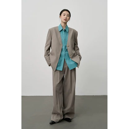 Traje de café gris temperamento CAREMIND, blazer minimalista sin cuello, pantalones rectos colgantes 