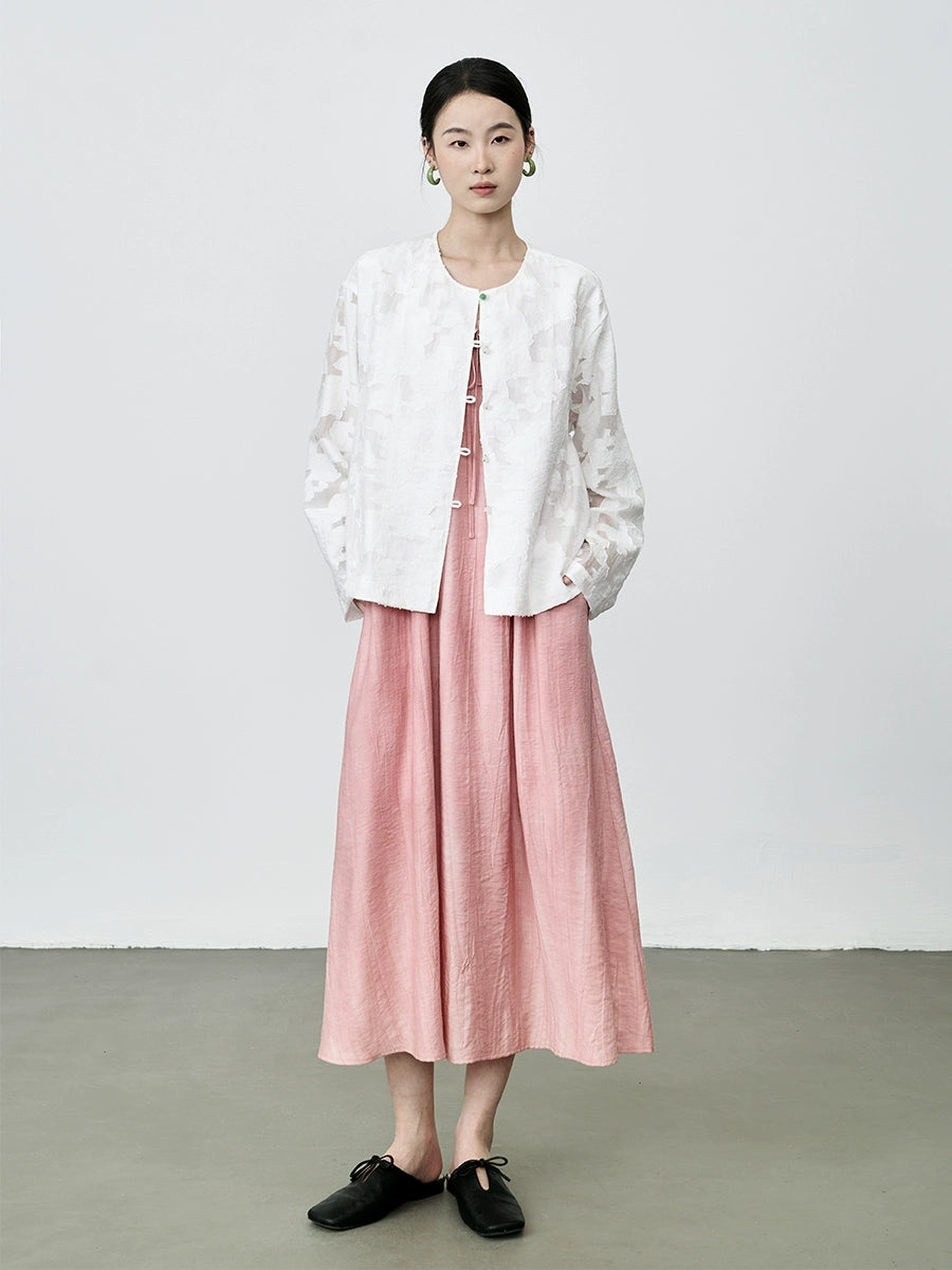 Vestido con tirantes de color rosa con efecto manchado y estilo festivo de CAREMIND, textura plisada, falda larga con una palabra 