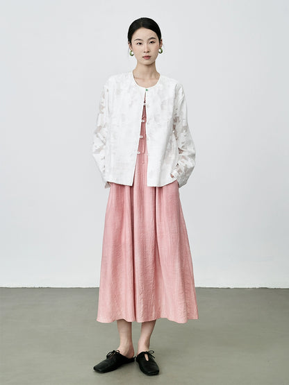 Vestido con tirantes de color rosa con efecto manchado y estilo festivo de CAREMIND, textura plisada, falda larga con una palabra 