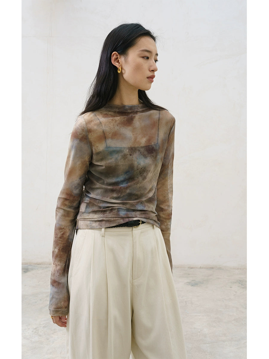 CAREMIND original léger et léger couleur tache haut à manches longues femme design sens slim-fit tricot bas chemise automne nouveau