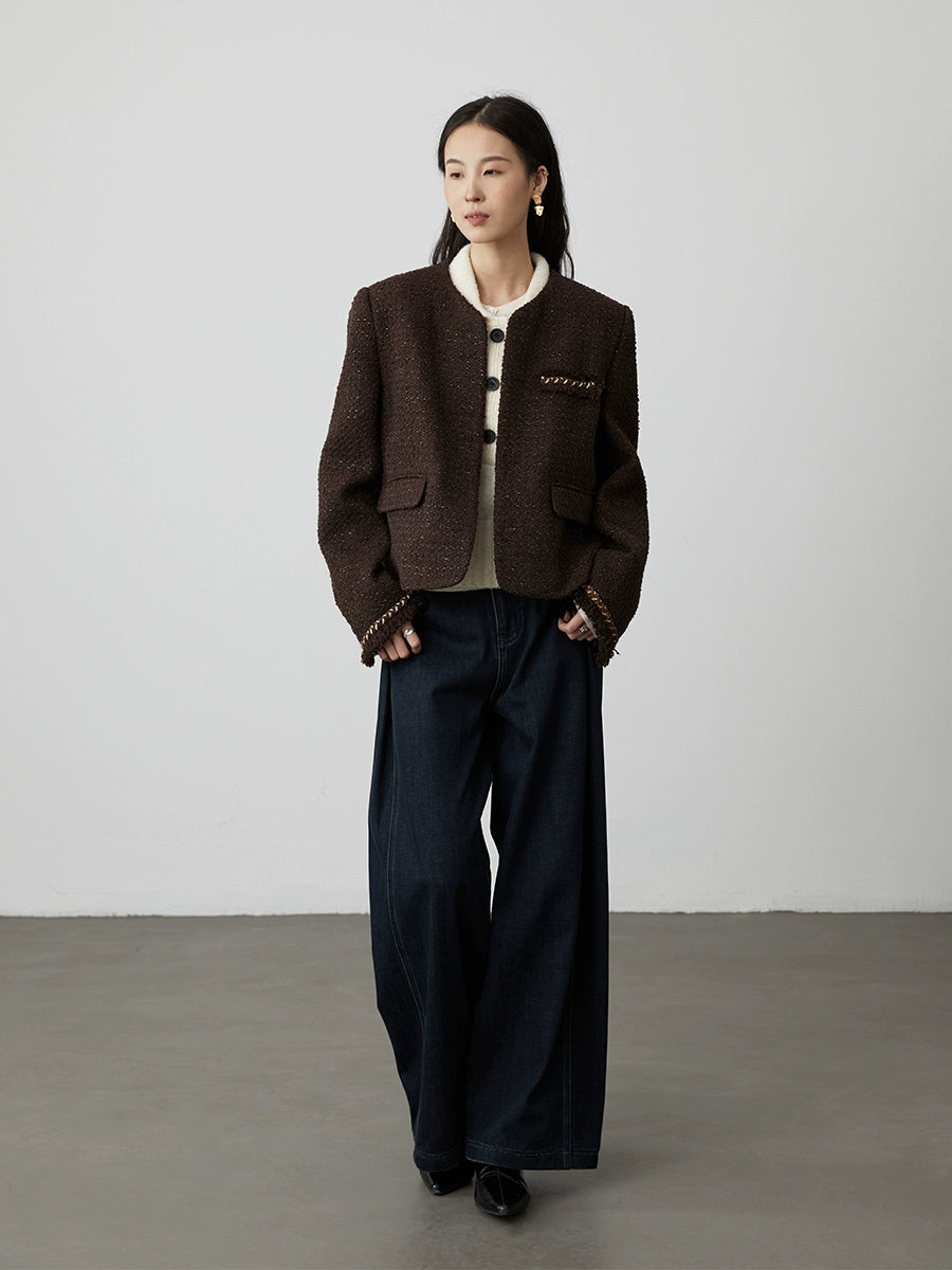 [Ebony streamer] Chaqueta corta tejida sin cuello de color marrón café de primera calidad para otoño e invierno de CAREMIND, temperamento, top pequeño y fragante 