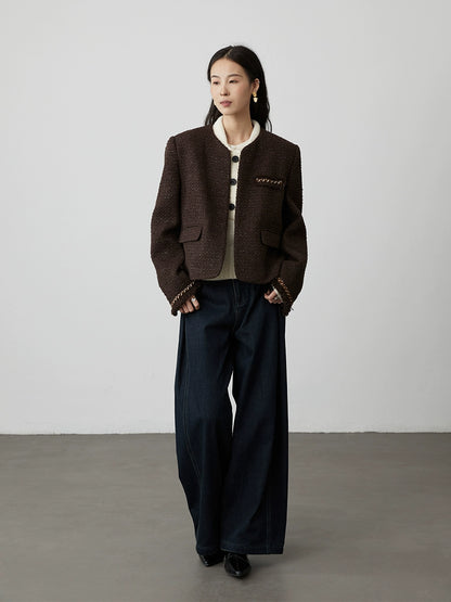 [Ebony streamer] Chaqueta corta tejida sin cuello de color marrón café de primera calidad para otoño e invierno de CAREMIND, temperamento, top pequeño y fragante 
