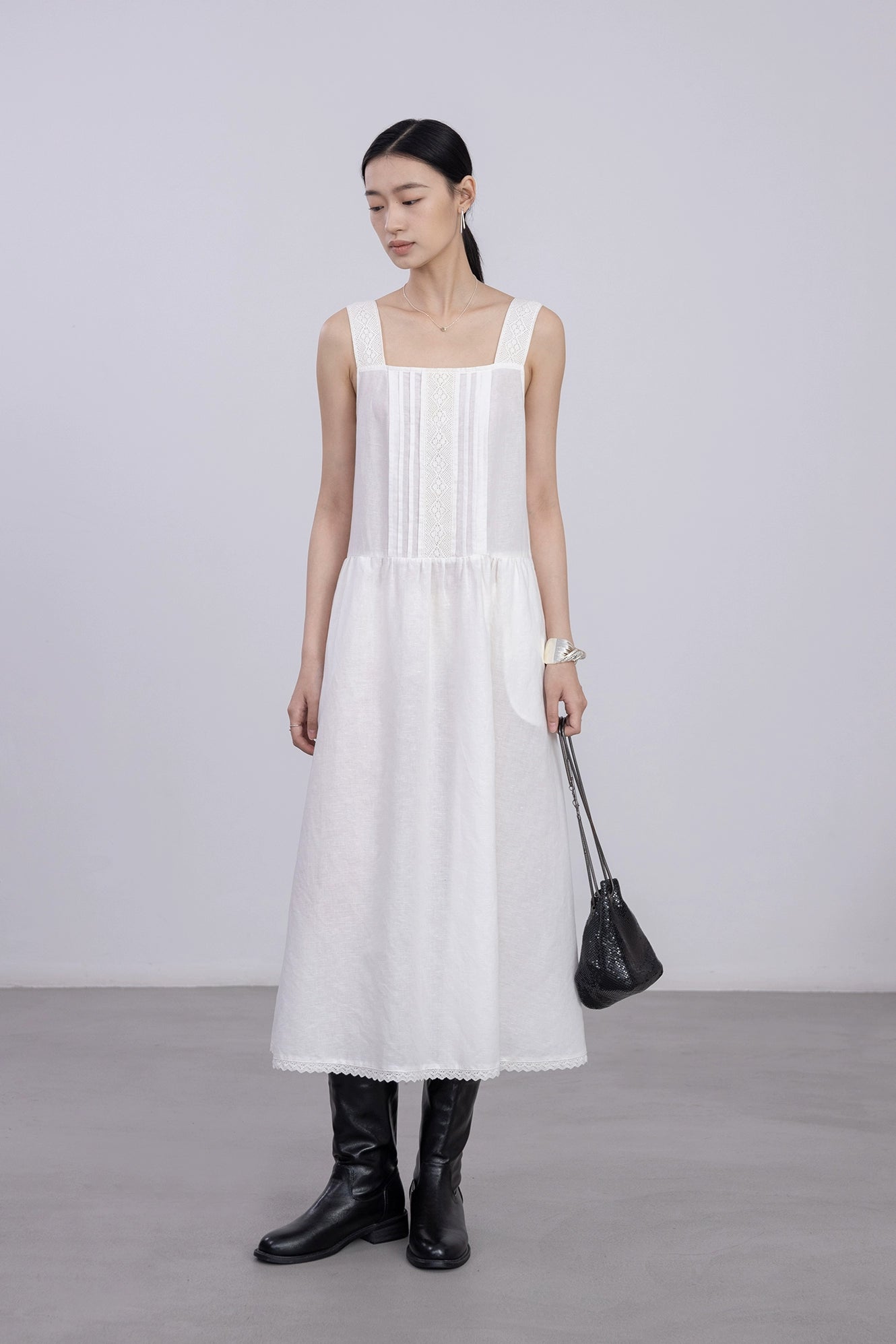 [Oferta por tiempo limitado] Vestido de encaje literario romántico blanco Nuevo vestido de jacquard con escote cuadrado Vestido mediano y largo 