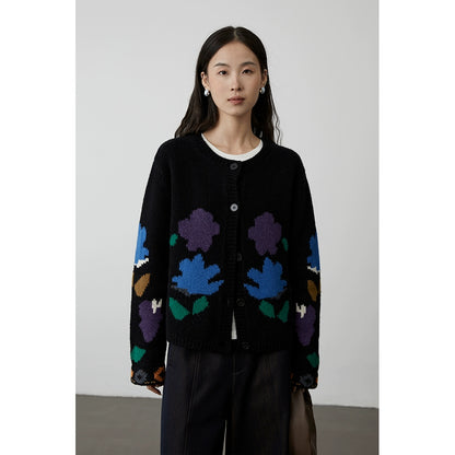 [Suéter de jardín] Chaqueta tipo cárdigan con cuello redondo y flores de colores de CAREMIND, top de punto clásico de otoño 