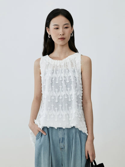[Diente de león] CAREMIND Chic Jacquard Bordado Blanco Sin Mangas Cuello Flecos Top Mujer Nuevo 