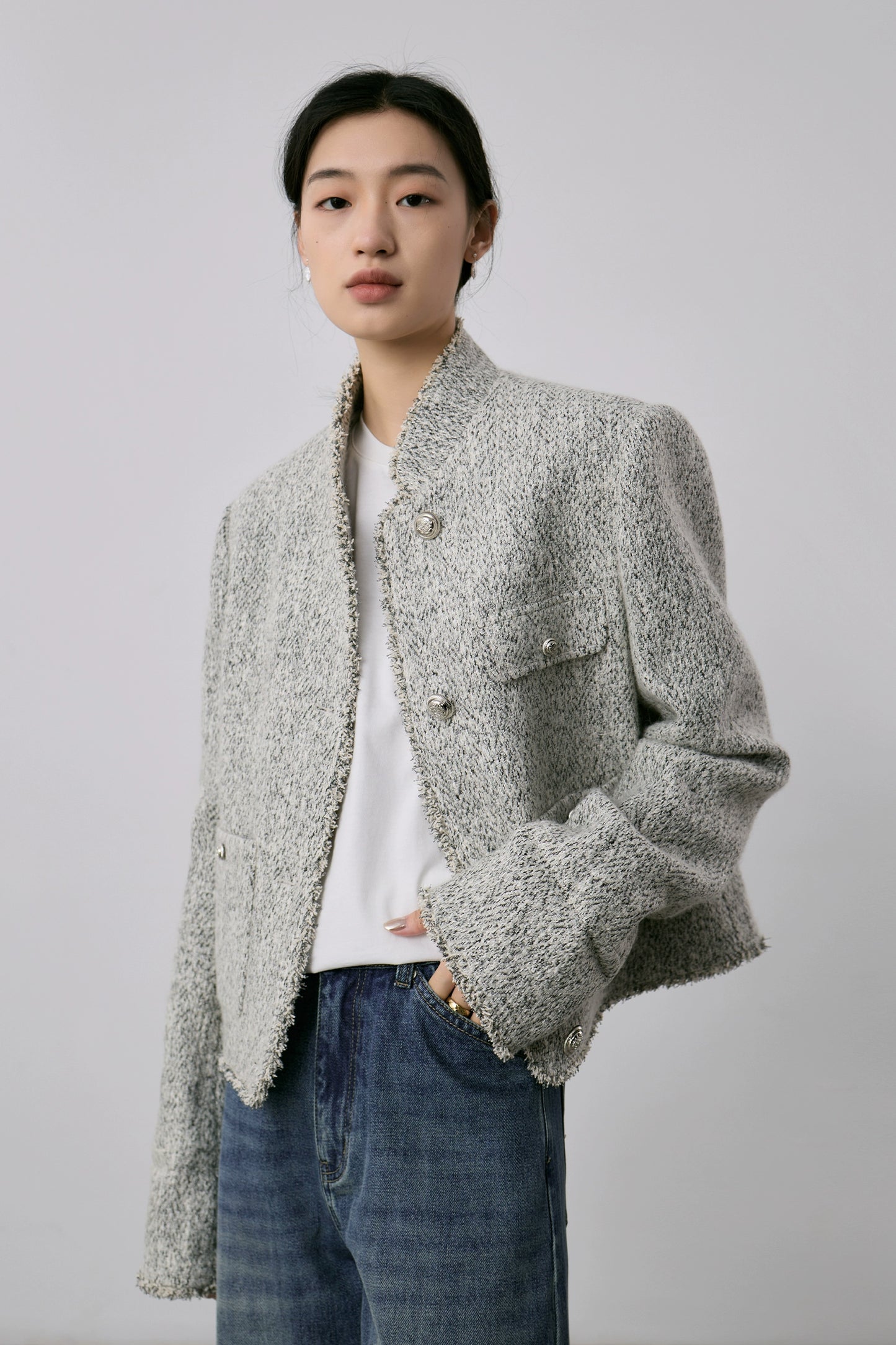 [Special price] Gray texture small fragrant coat women's short exquisite stand-up neck cardigan top autumn and winter new