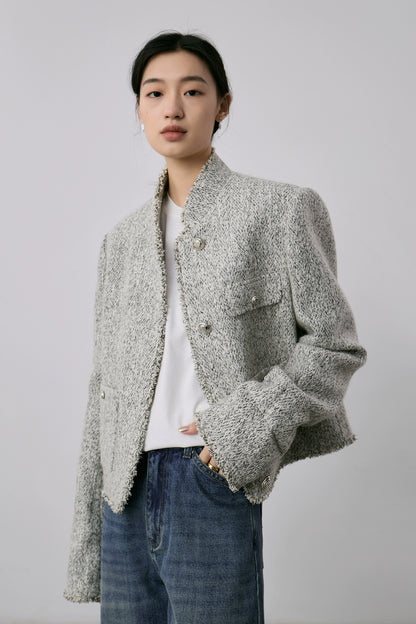 [Special price] Gray texture small fragrant coat women's short exquisite stand-up neck cardigan top autumn and winter new