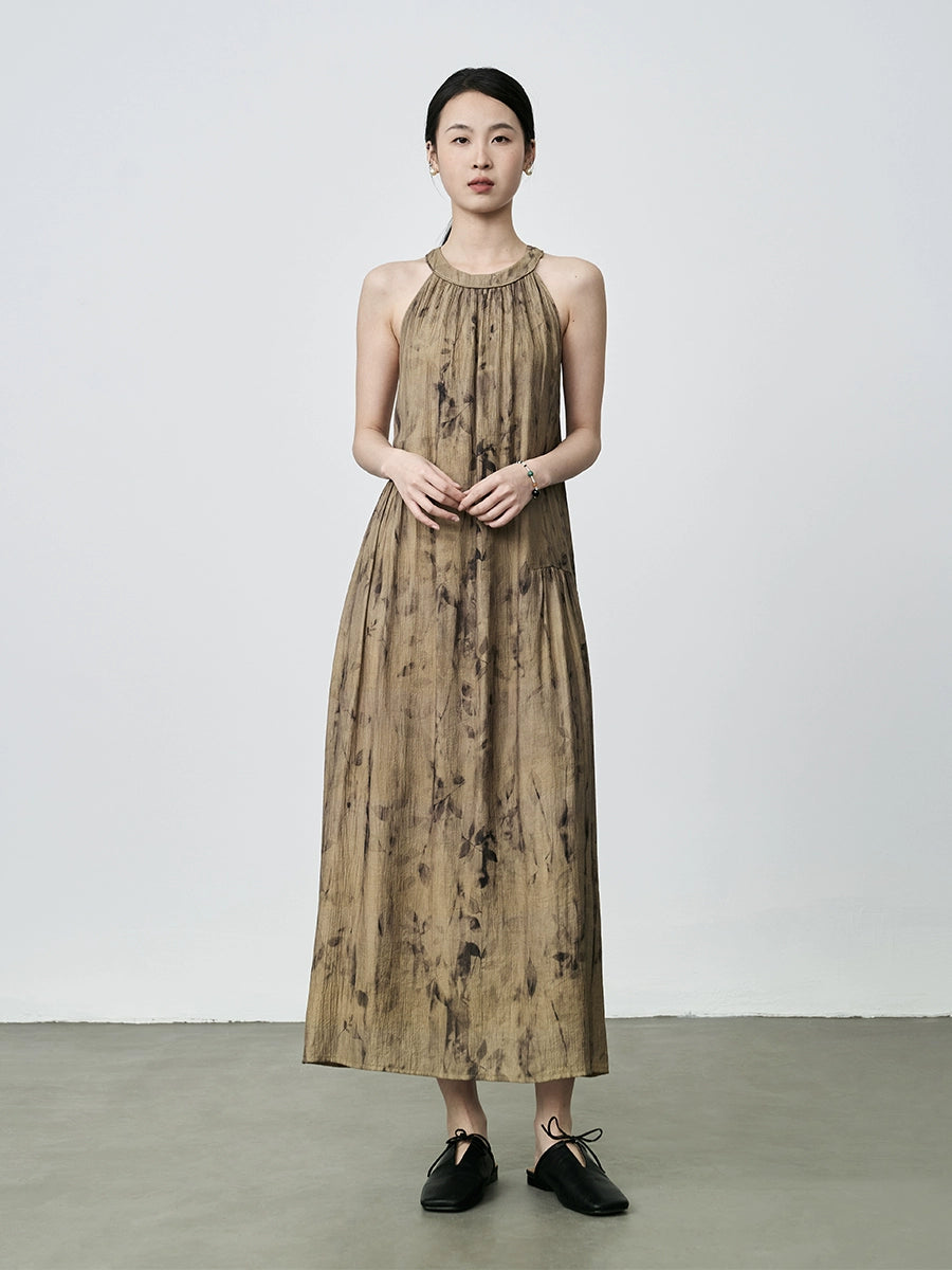 [Vestido con sombra de hojas] Vestido largo con cuello de flores de color verde amarillo chino nuevo de CAREMIND Vestido con tirantes sin mangas 